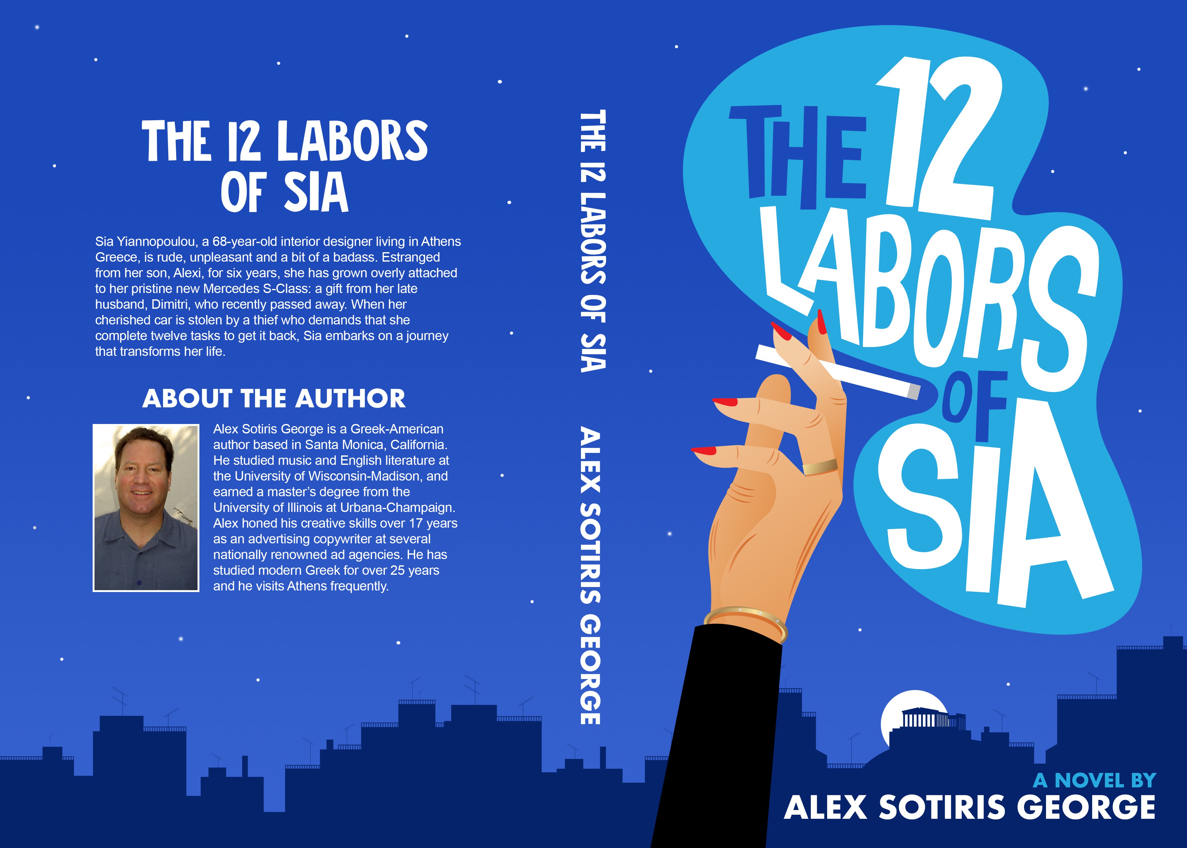 Design a cover for a comedic novel set in contemporary Athens, Greece.