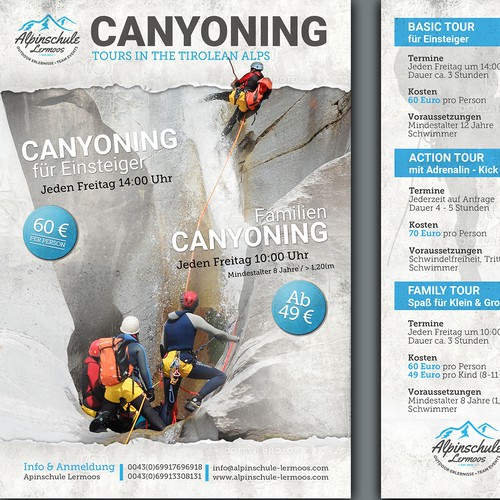Create a powerful, sporty and creative Flyer for our CANYONING - Tours in the Tirolean Alps (Austria