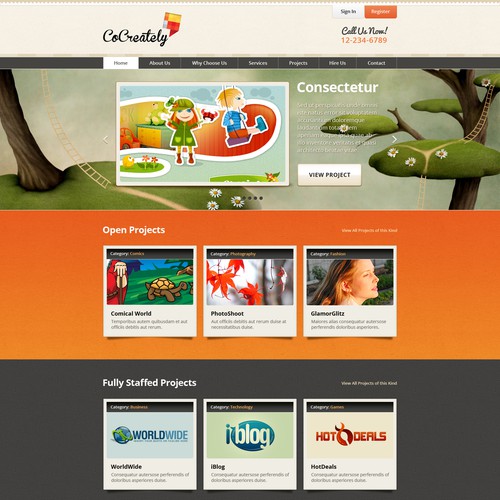 Frontpage for CoCreately. Planning to hire winner for more pages.