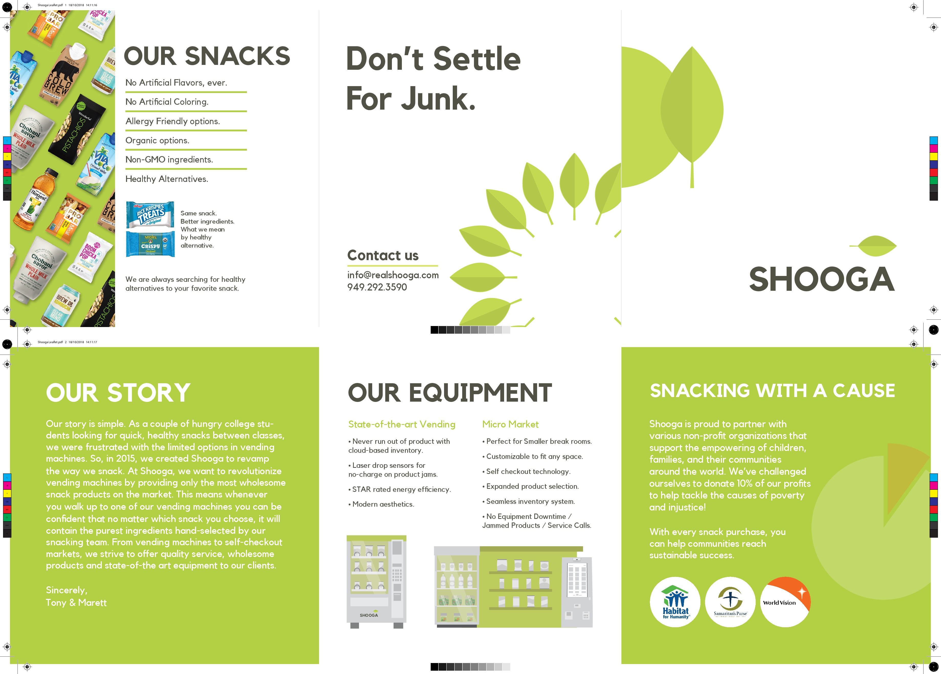 Design a leaflet brochure for SHOOGA, healthy snacking with a purpose