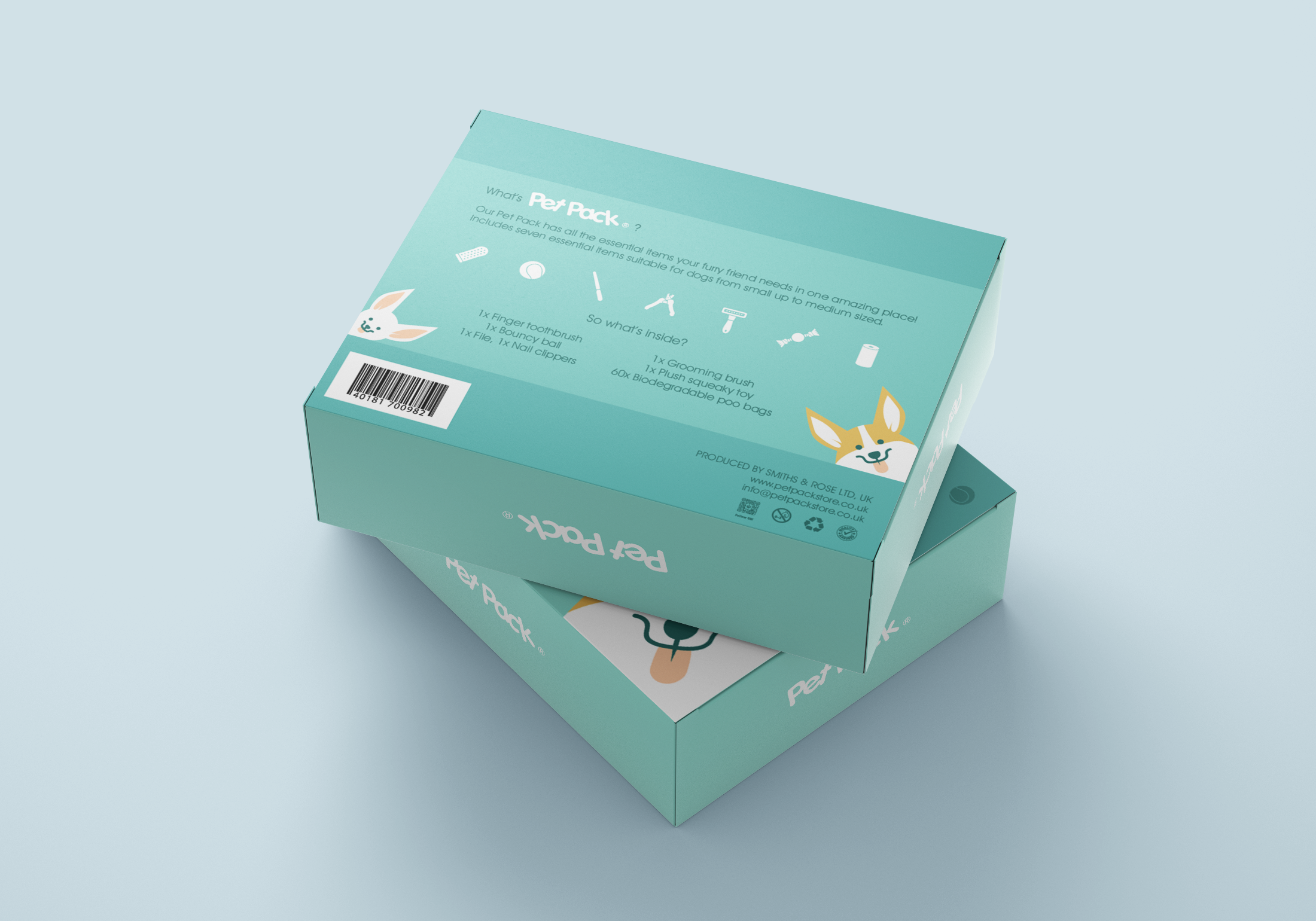 Packaging for a dog care essentials set.