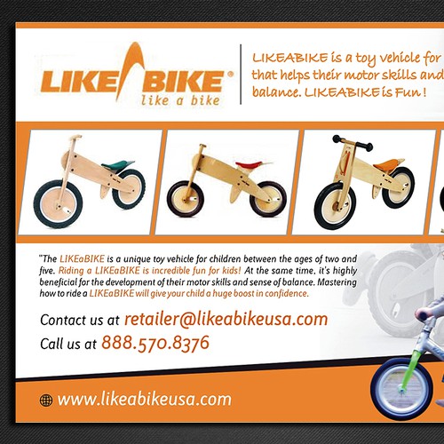 Create a info/photo sales postcard for a kids balance bike company