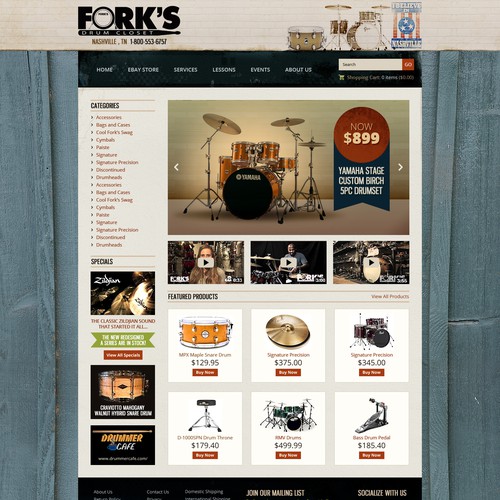 Homepage Design for Drum and Percussion Shop
