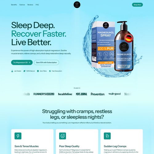 Landing page for a topical magnesium oil product for USA (wordpress)