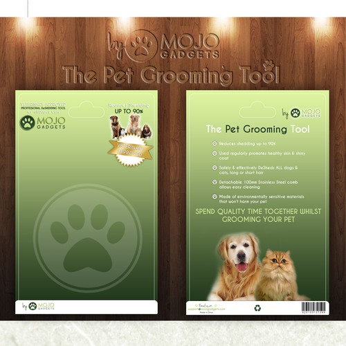 Create a simple but effective packaging design for our pet grooming tool!