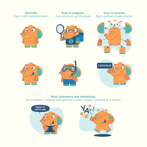 Elephant character concept for kids literacy app [orange color variant]