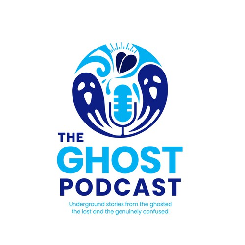 The Ghost Podcast is Underground stories from the ghosted, the lost and the genuinely confused relationship.  the logo concept depicts 2 ghosts on a podcast represented by a mic. The surrounding elements are the theme and subject being discussed