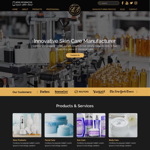 Wordpress theme design for "F & B Cosmetics", a skincare manufacture. They supply other companies with products that they can put their logo on and sell directly to consumers.