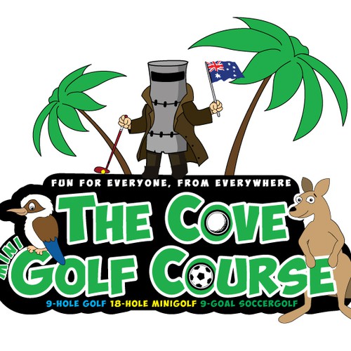 Australian Animal Cartoons playing golf and Ned Kelly Mascot holdingAustralian Flag Logo WANTED for Golf Course