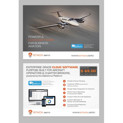 Create a postcard-flyer for private aviation software company