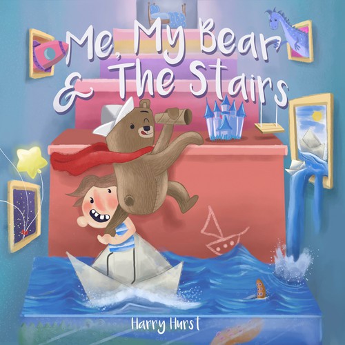 Children's book cover, "Me, My Bear & The Stairs".