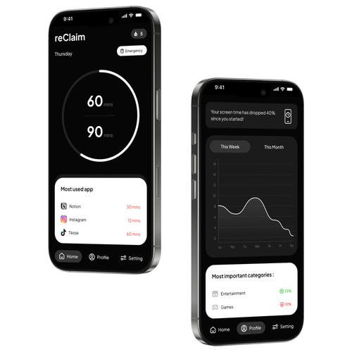Dark Mode Productivity & Screen Time iOS App UI/UX