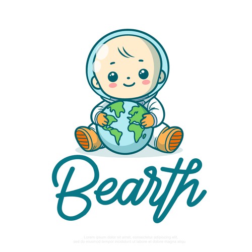 Mascot Logo Character, cartoon of a Baby Astronaut holding a Globe/Earth