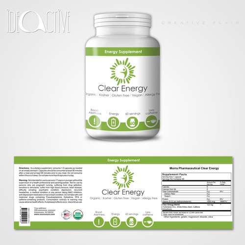 Create eye-catching, informative logo & label for powerful organic energy pills.