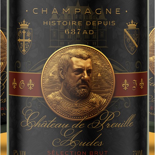 Custom champagne label, with client's portrait in a golden medallion.