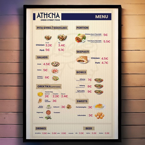 LED Backlit Poster & Table Menu Design for Athena Greek Street Food 