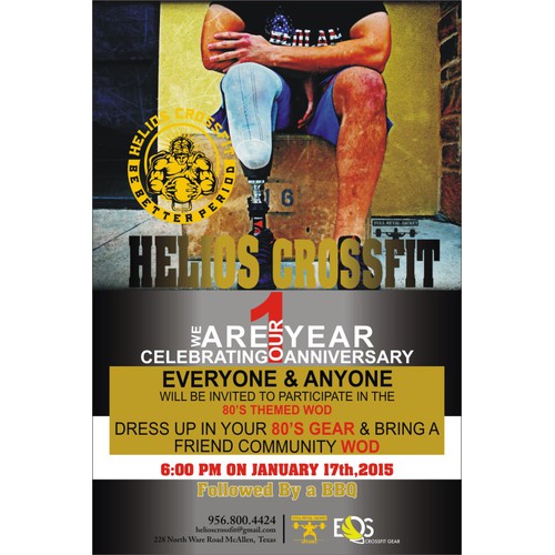 Create a flyer for Helios CrossFit 1 Year Anniversary Community WOD