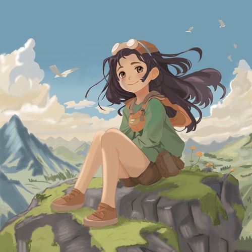 Mountain scenery anime girl