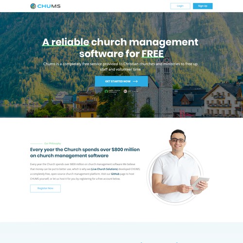 Landing page for a church management software