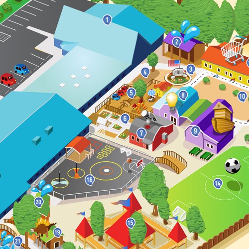 Childcare center needs a fun theme-park style map illustration