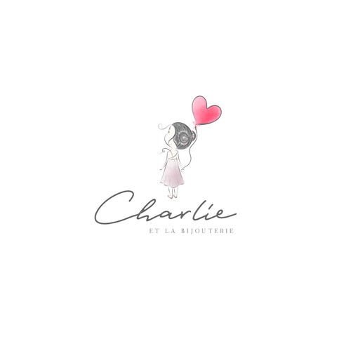 Little girl holding balloon - hand drawn jewellery logo. For french brand Charlie & the Jewellery