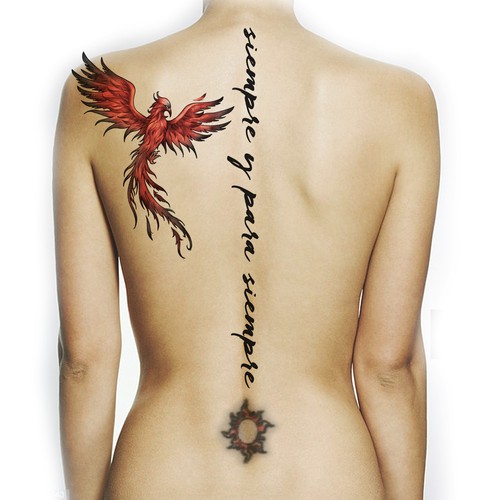 Back Phoenix & Text Tattoo