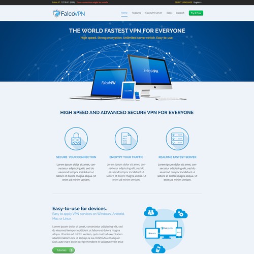 Design of home page of VPN product website