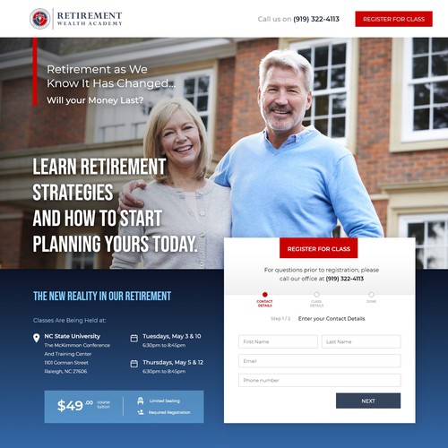 Landing page design for college retirement courses