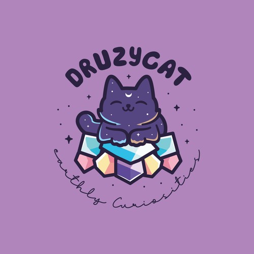 Mystical logo of cat with gems