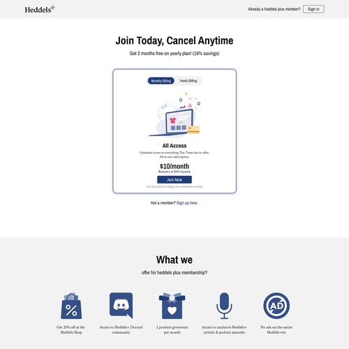 Heddels Plus membership subscription landing page design