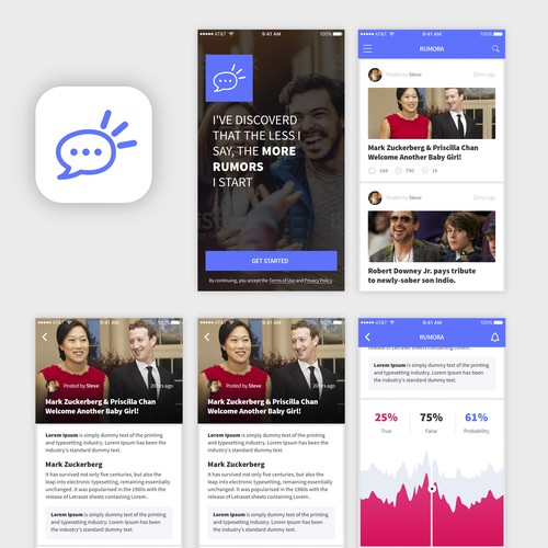 Design a user interface for mobile app for the best site to gather rumours from around the world