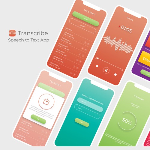 Design a clean, professional, modern UI for a Transcribe app