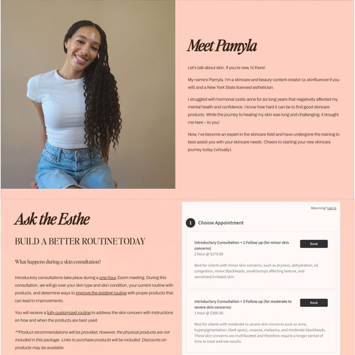 Youthful landing page design with Scheduling capabilities for licensed esthetician