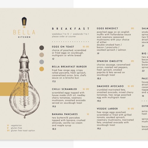 Industrial modern menu for Bella Kitchen