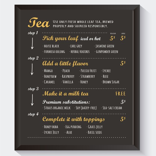  Design a unique, simple, and fun menu for a contemporary boba tea house