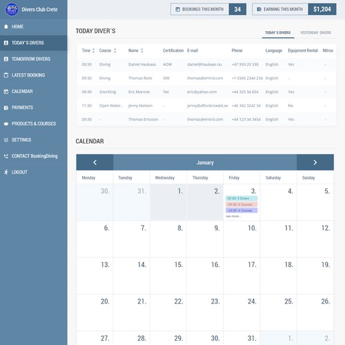 Backend design for a scuba diving center