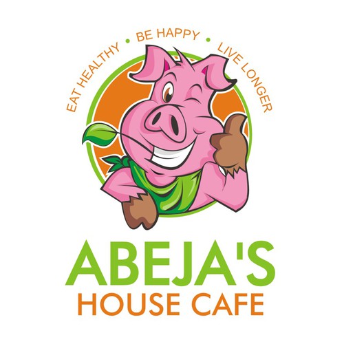 Organic family style restaurant with pet pig face cartoon