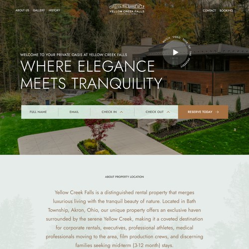 Landing page design for a distinguished rental property that merges luxurious living with the tranquil beauty of nature.