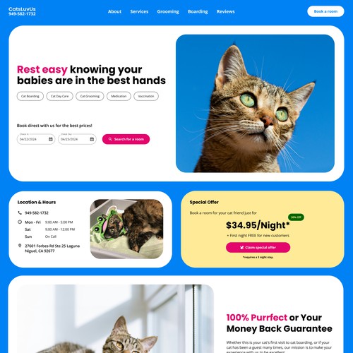 Landing page concept for cat boarding hotel in bento style