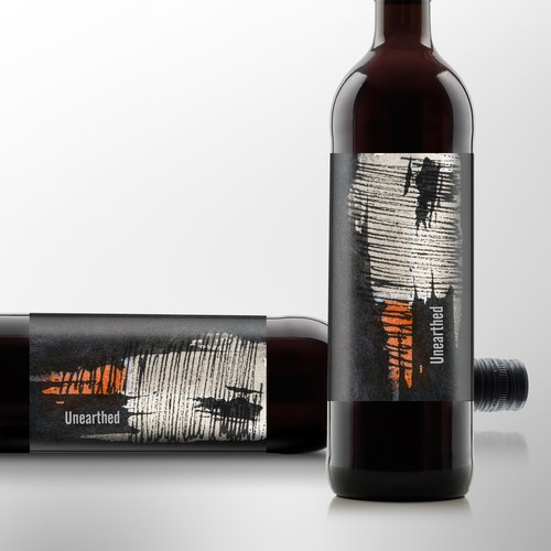 Wine label design for a high end blend named "unearthed"