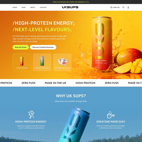 Web Design for high quality, tasty, different flavoured high-protein energy drinks and creatine gummies.