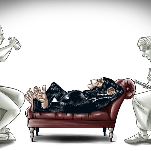 Create ARTISTIC, SURREAL image! A chimp in therapy? 2 statue like women? Cool!