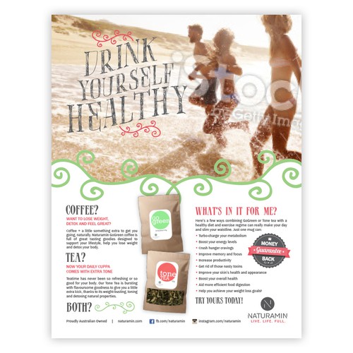 Create a vibrant flyer for a weight loss tea and coffee product