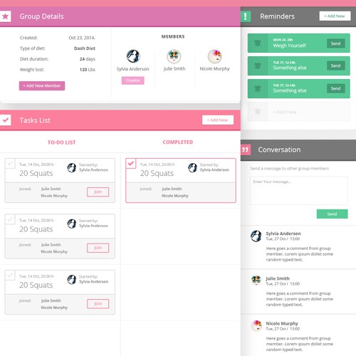 Create a task user-friendly board page for a small group on a diet.