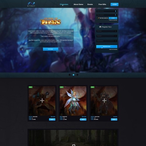 Landing page for an online MMO game.