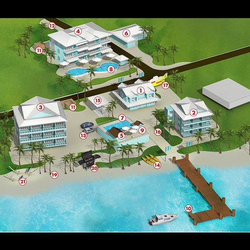 Illustrate a Scuba Diving Resort Site Plan in a Tropical Paradise