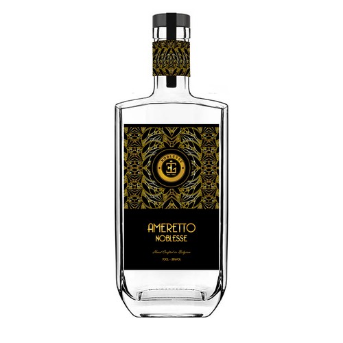 Refined Eye catching bottle label for premium Belgian Organic Amaretto Spirit