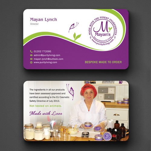 Business Card for "Mayan's purityliving" Hand Made Natural Skin Care.