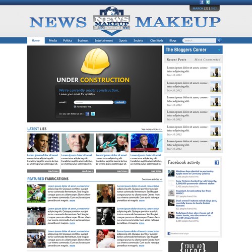 CREATE THE LANDING PAGE FOR NEWS MAKEUP, A SATIRICAL NEWS STARTUP FOR CASH AND POTENTIALLY EQUITY