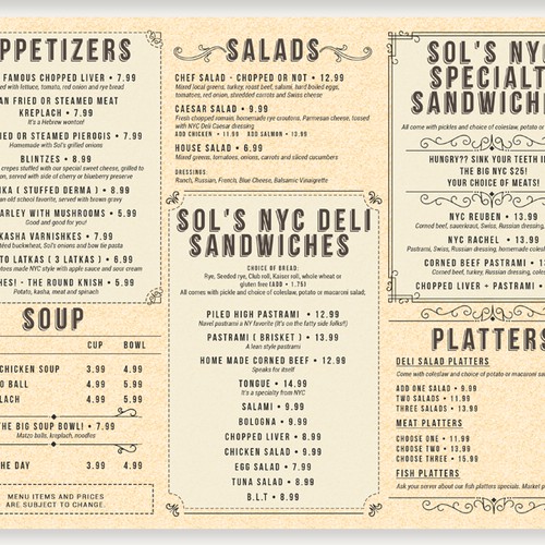A Trifold Menu for Sol's NYC Delicatessen
